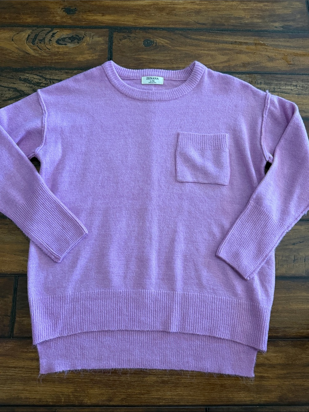 Zenana Outfitters NWOT Rose Hi-Low Crewneck Sweater with Chest Pocket